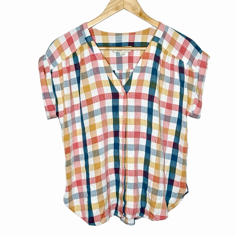 Loft Plaid Short Sleeve Top Womens Size M Nautical Preppy Fisherman Button Up